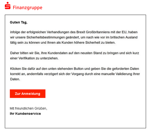 Sparkasse: Beispiel Phishing-Mail