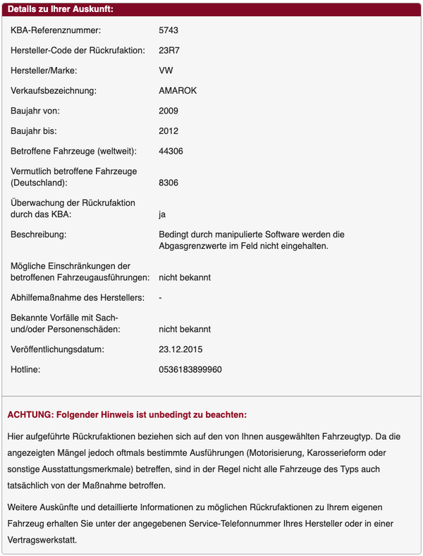 Beispiel-Rückruf Amarok – Insgesamt gibt es 28 KBA-Rückrufe zu diesem Code.