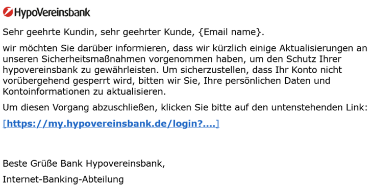 Beispiel für Phishing bei der HypoVereinsbank
