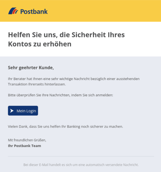 Beispiel für Postbank Phishing